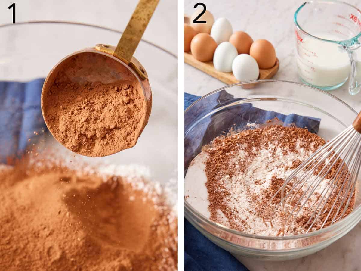 Set of two photos showing cocoa powder spooned into a bowl and whisked together with other dry ingredients.