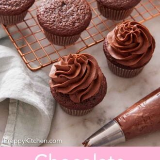 Pinterest graphic of chocolate cupcakes on a cooling rack with two frosted.