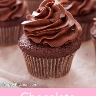 Pinterest graphic of multiple chocolate cupcakes with frosting on top with one in front.