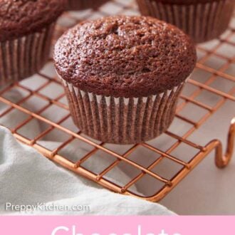 Pinterest graphic of a close view of a chocolate cupcake cooling on a wire rack.