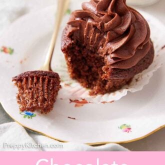 Pinterest graphic of a fork with a bite of chocolate cupcake on a plate beside the frosted dessert.
