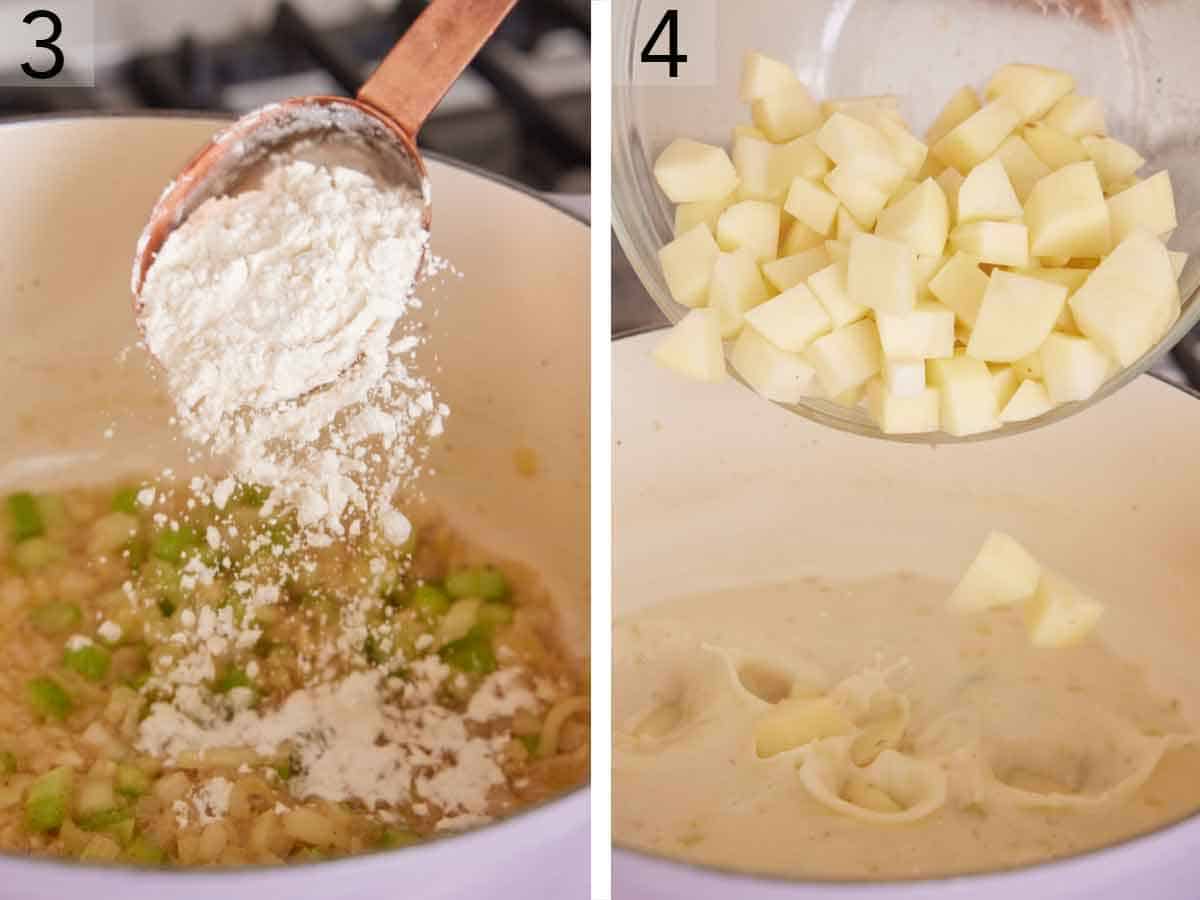 Set of two photos showing flour and potatoes added to the pot.