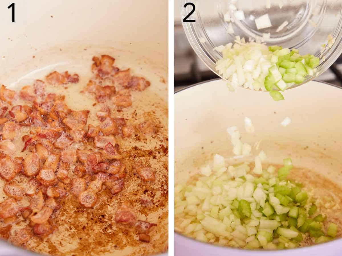 Set of two photos showing bacon cooked in a pot and onion and celery added to the same pot.