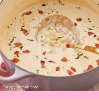 Pinterest graphic of a purple dutch oven containing clam chowder with a ladle inside the soup.