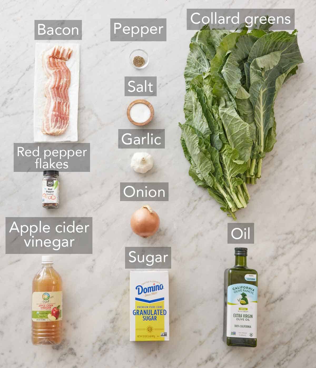 Ingredients needed to make collard greens.