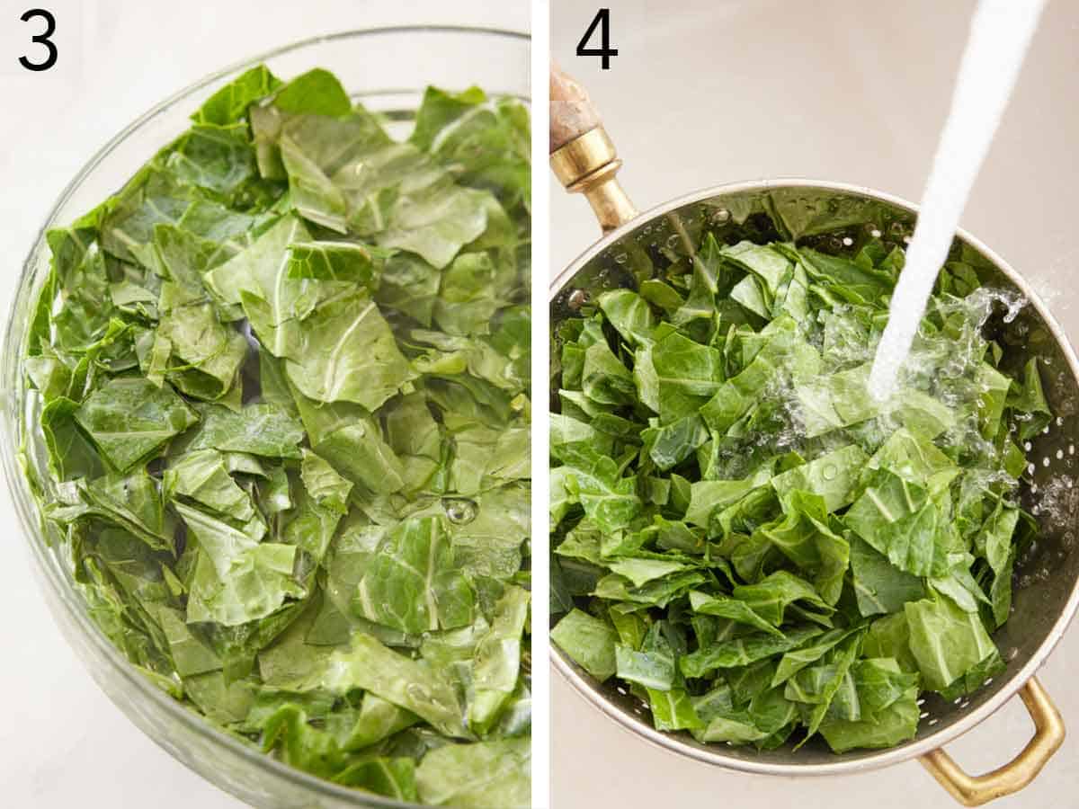 Set of two photos showing the chopped greens submerged in water and rinsed.