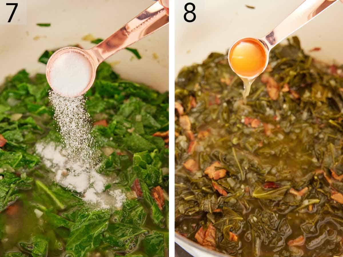 Set of two photos showing sugar and apple cider vinegar added to the pot.