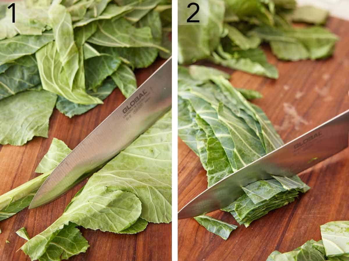 Set of two photos showing collard greens cut.