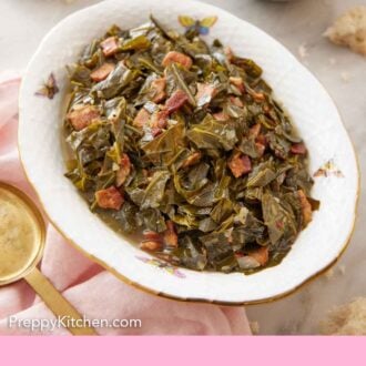 Pinterest graphic of a platter of collard greens with some torn bread and stacked bowls with forks in the background.