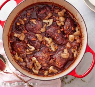 Pinterest graphic of an overhead view of a pot of coq au vin with some torn bread and plates off to the side.