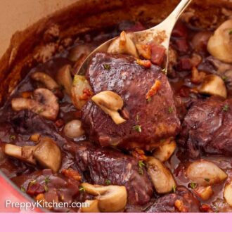 Pinterest graphic of a spoonful of coq au vin lifted from a pot.