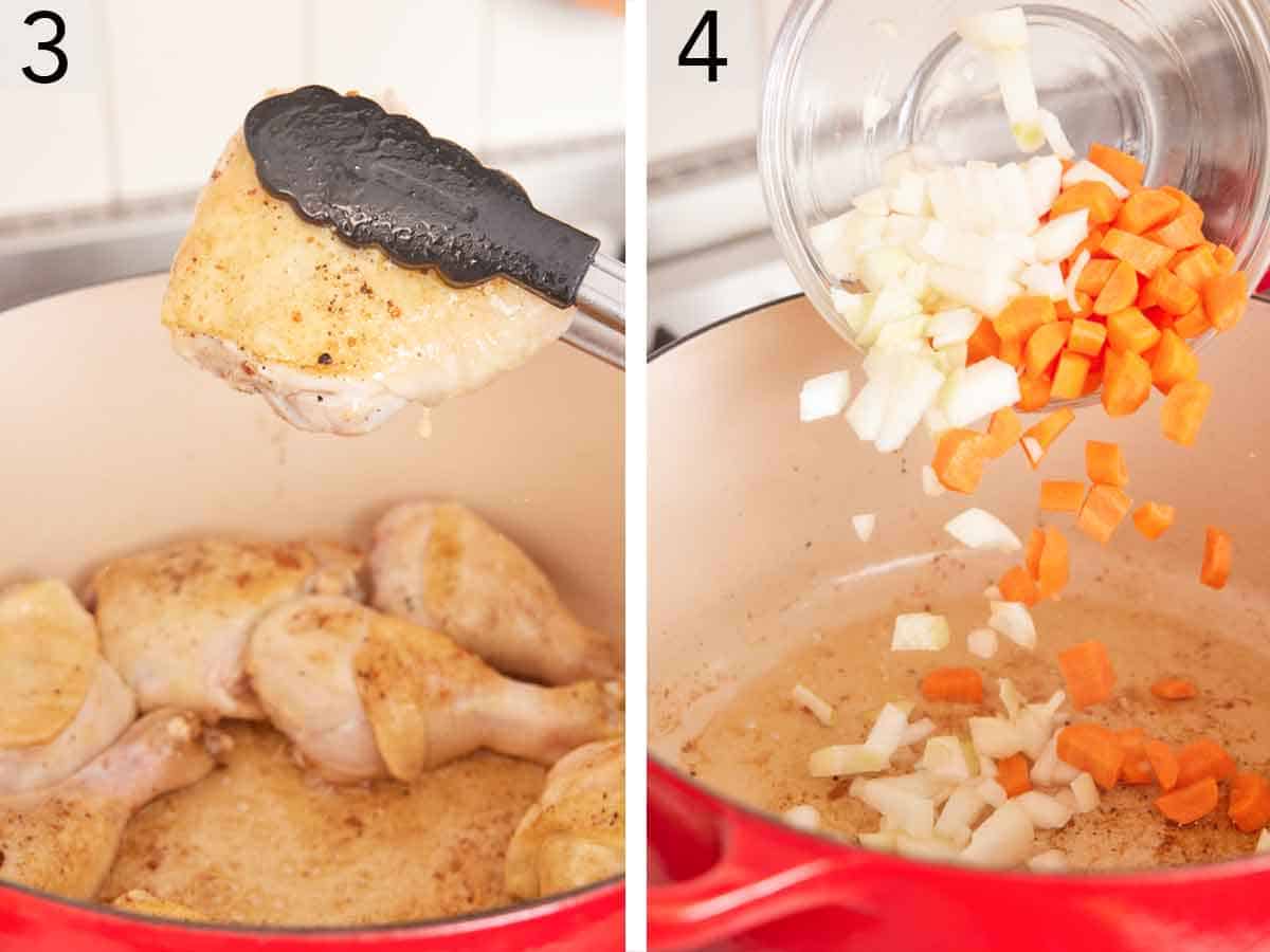 Set of two photos showing chicken seared in a pot and then carrots and onions added to a pot.