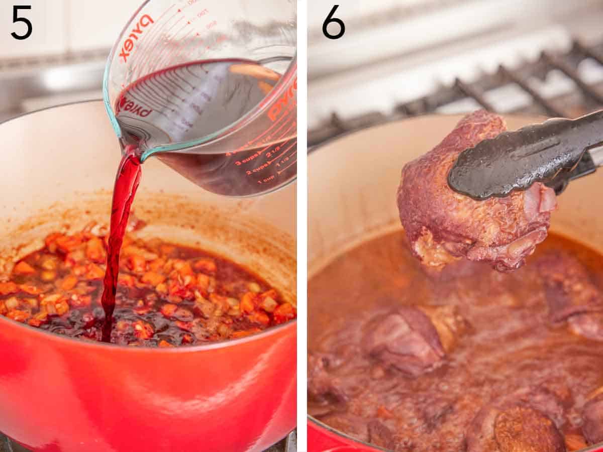Set of two photos showing red wine and chicken added back to the pot.