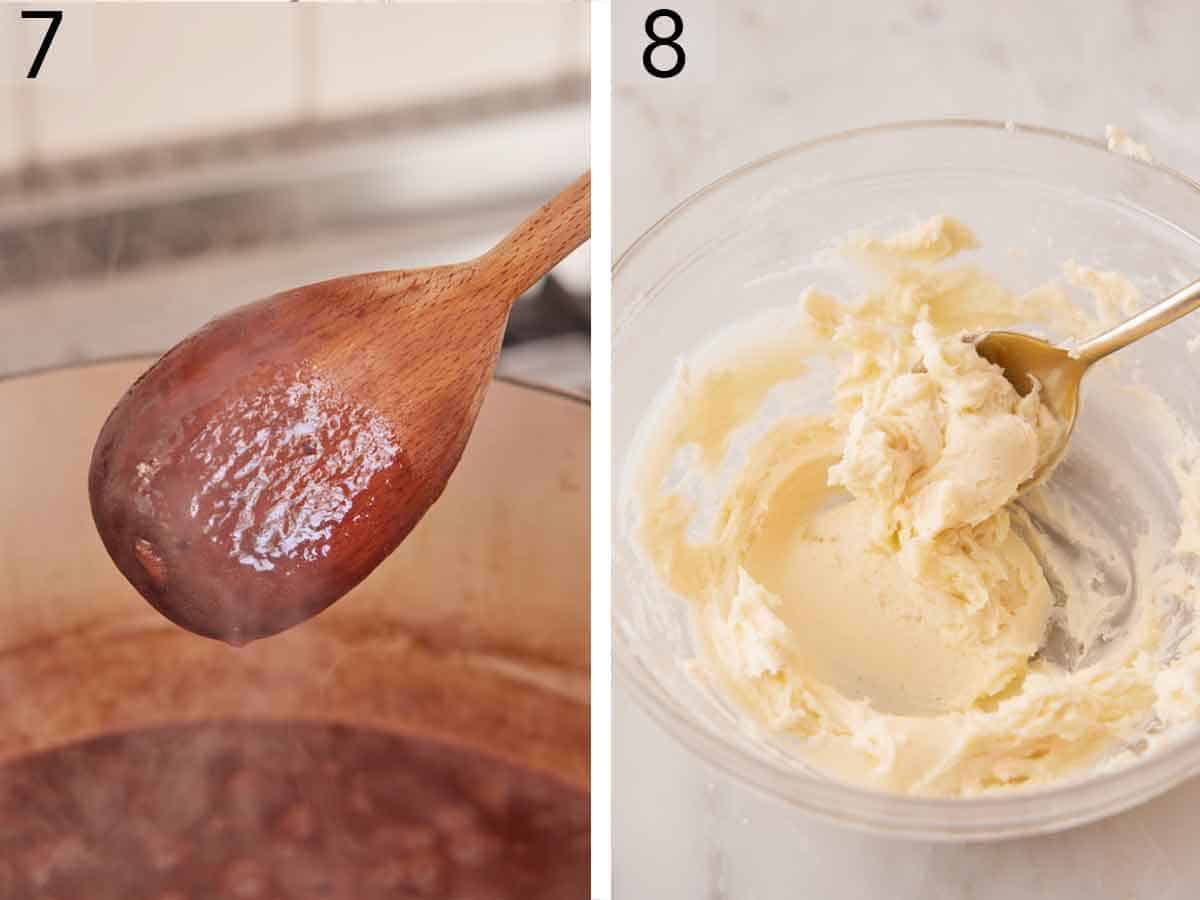Set of two photos showing the thickness of the sauce on a wooden spoon and butter and flour mixed in a bowl.