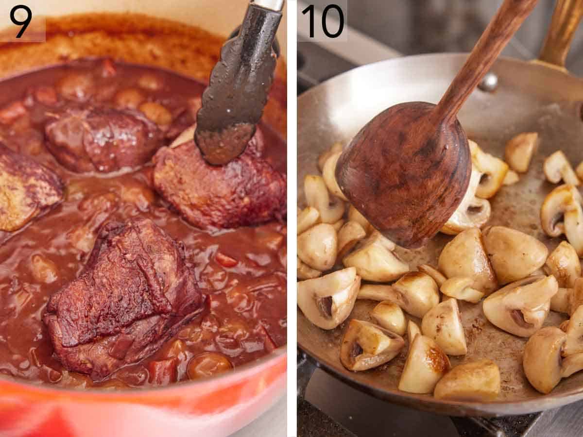 Set of two photos showing chicken added to a pot and mushrooms cooked in a skillet.