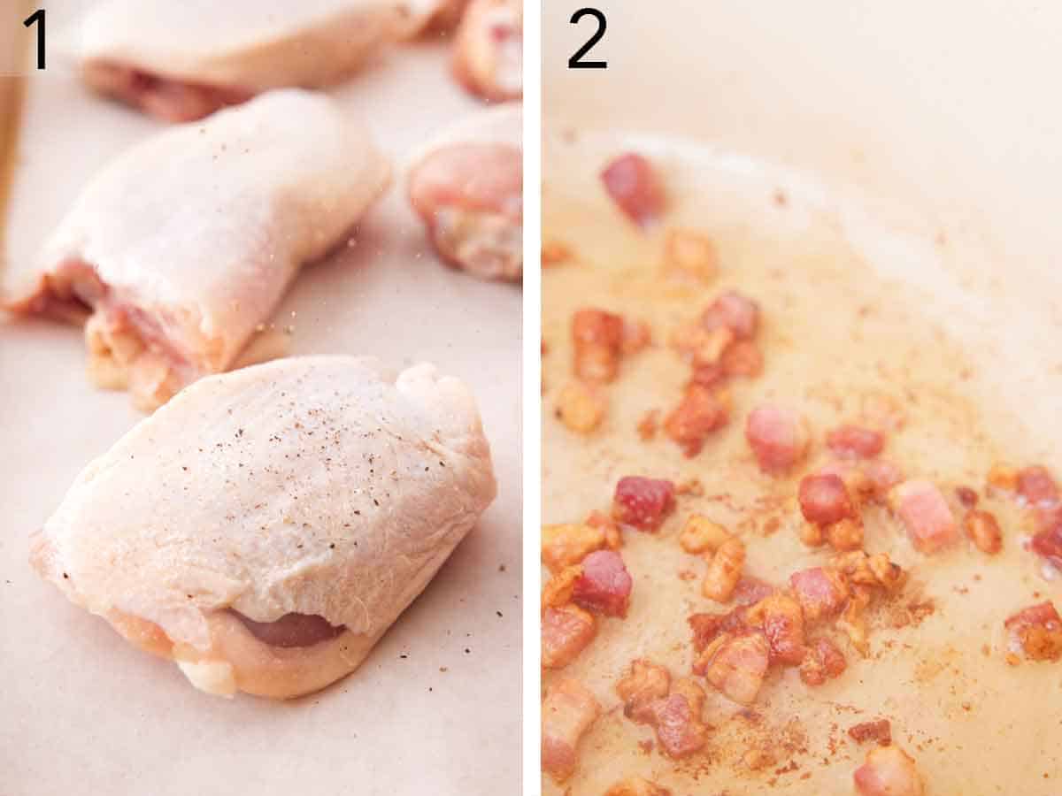 Set of two photos showing chicken seasoned and pancetta cooked in a pot.