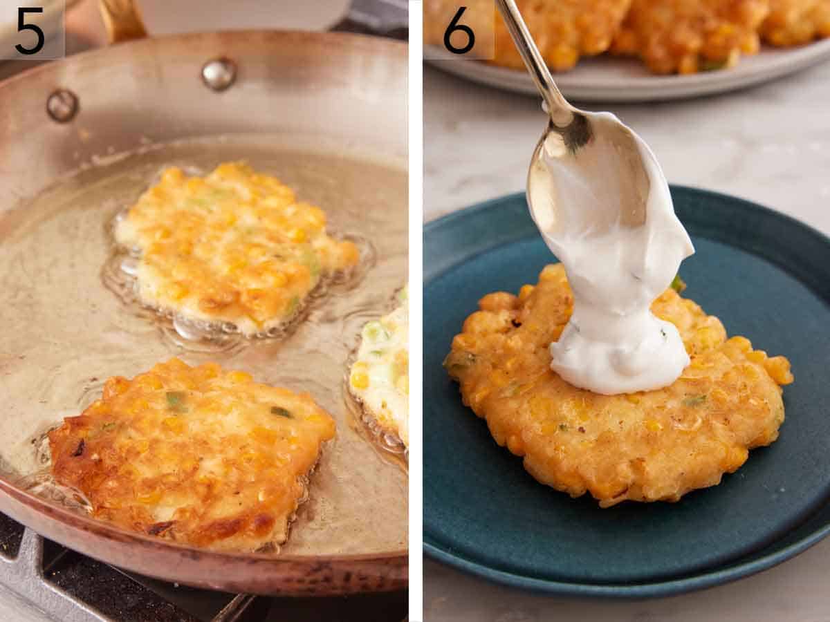 Set of two photos showing corn fritters frying in oil and then the corn fritter topped with sauce on a plate.