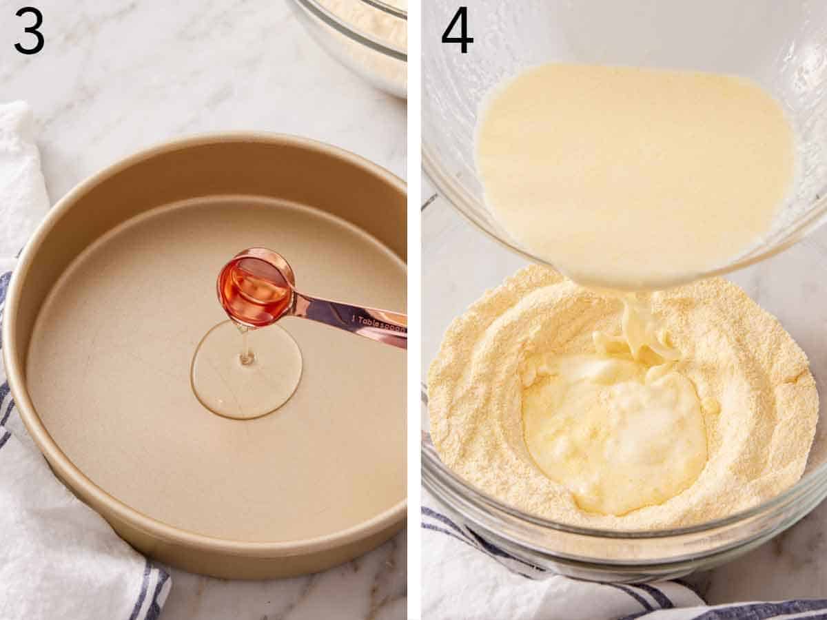 Set of two photos showing oil added to a baking pan and wet ingredients added to dry.