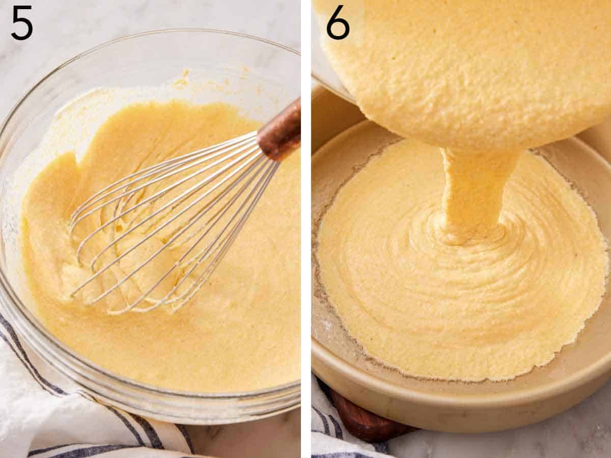 Set of two photos showing cornbread mixture whisked together and poured into a baking pan.