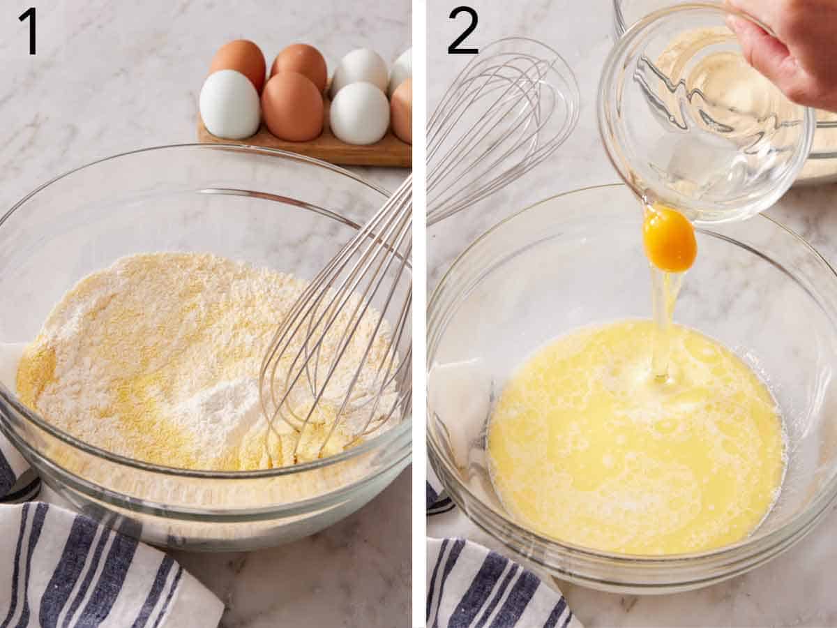 Set of two photos showing dry ingredients whisked and egg added to a bowl of liquid ingredients.