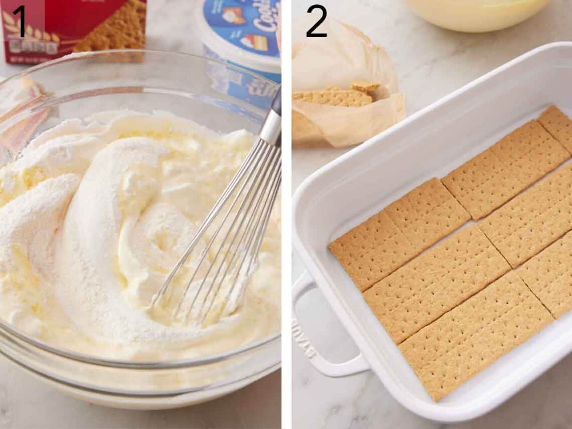 Set of two photos showing milk, whipped topping, and pudding mix whisked together and graham crackers placed in a baking dish.