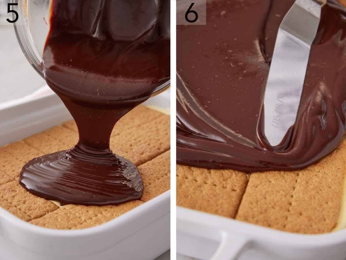 Set of two photos showing melted chocolate poured on top of the graham crackers and spread over top.