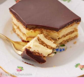 Pinterest graphic of a plate with a square slice of éclair cake with a corner bite on a fork.