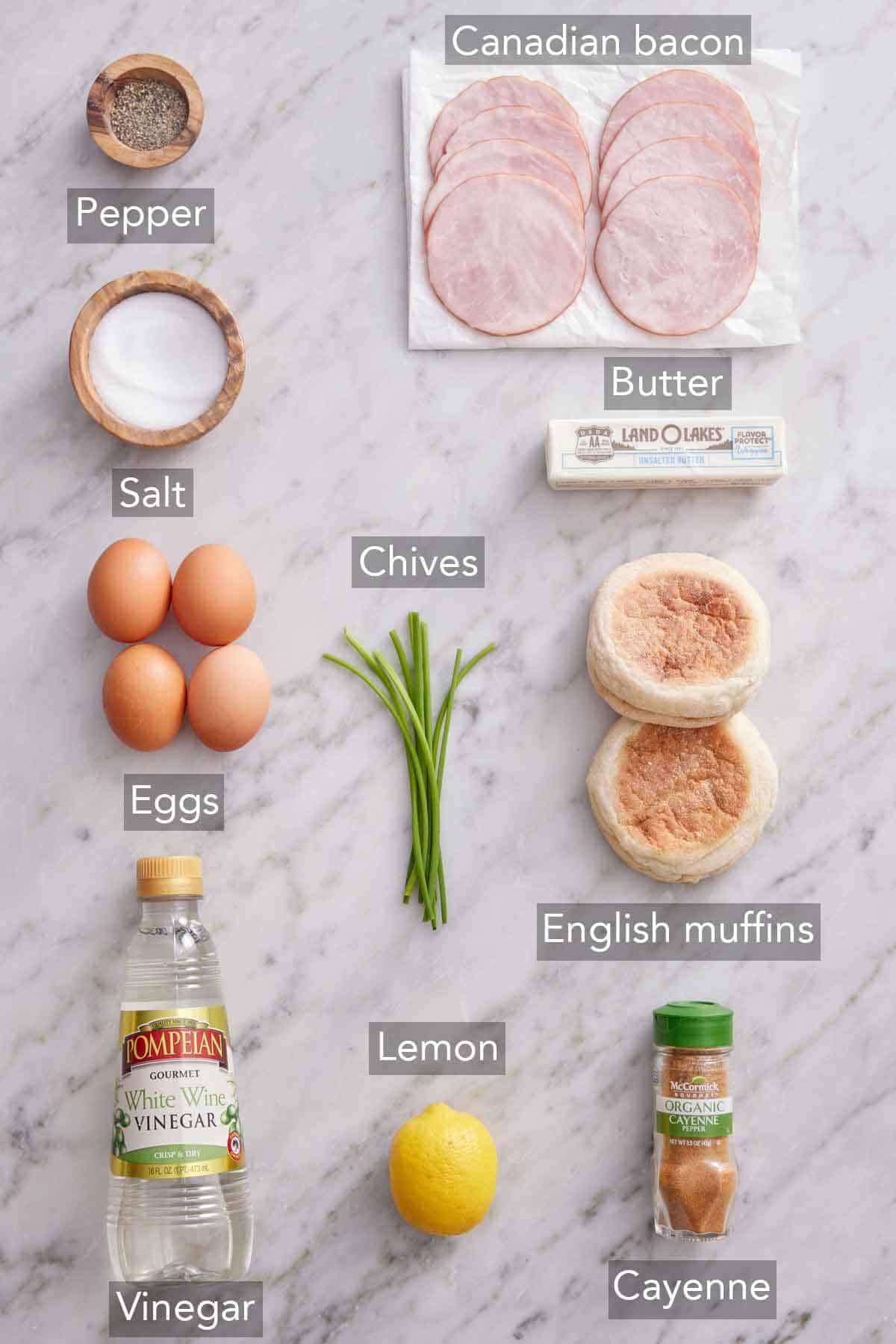 Ingredients needed to make eggs benedict.