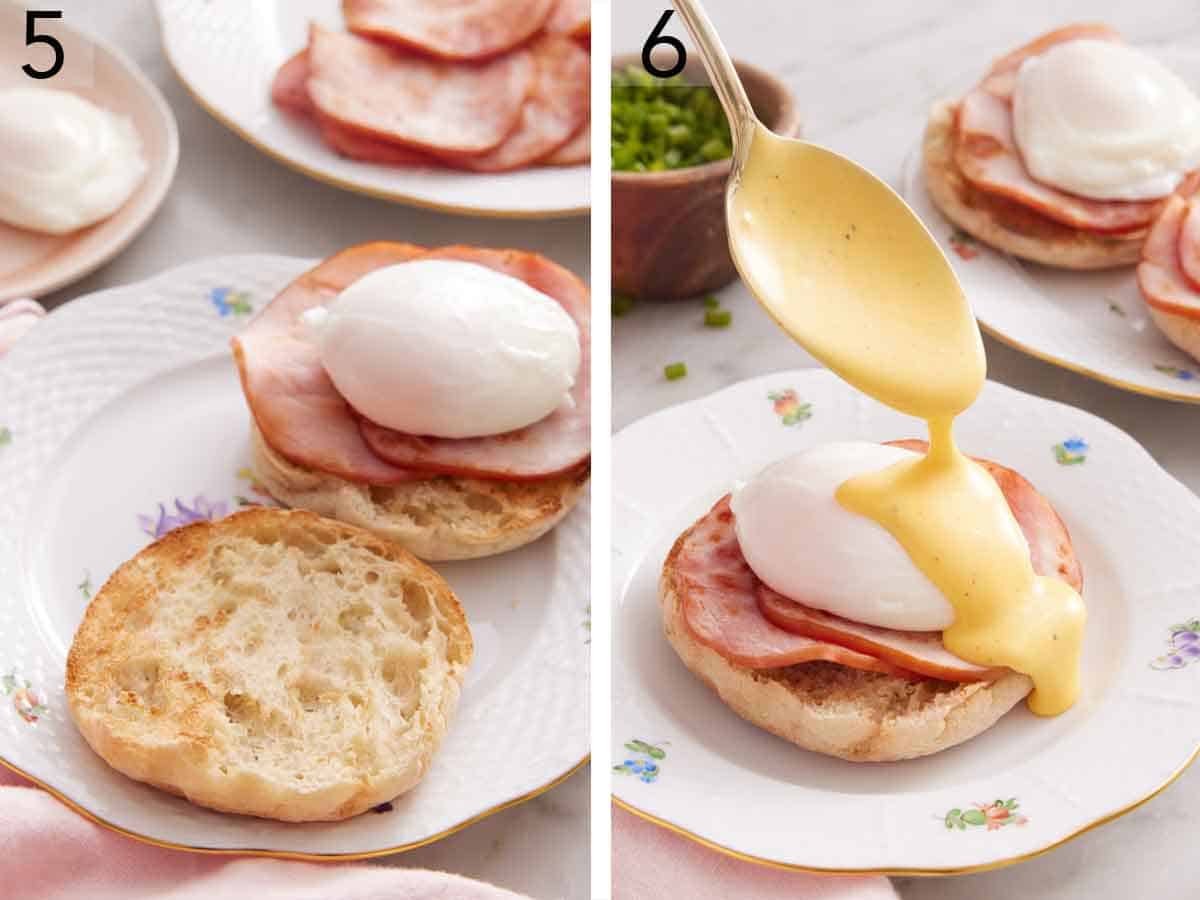 Set of two photos showing the recipe assembled on a plate and hollandaise sauce spooned on top.