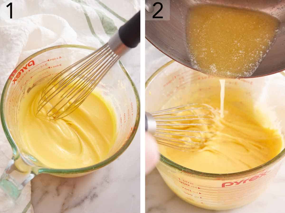 Set of two photos showing hollandaise sauce whisked together.