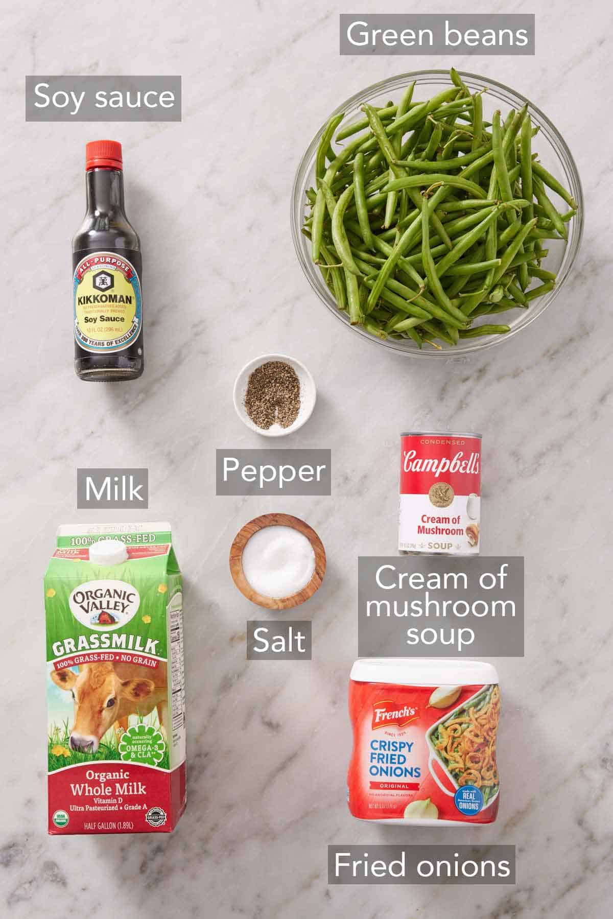 Ingredients needed to make green bean casserole.