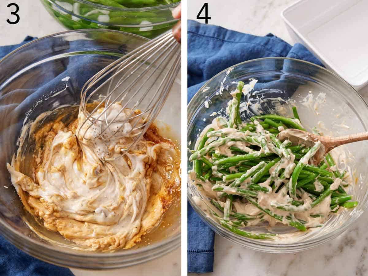 Set of two photos showing dressing whisked in a bowl and beans tossed in it.