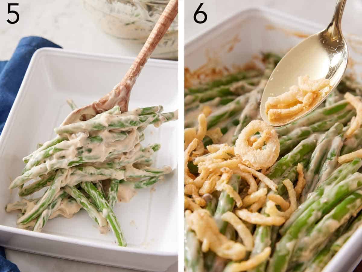 Set of two photos showing green beans spooned into a baking dish then topped with crispy onions.