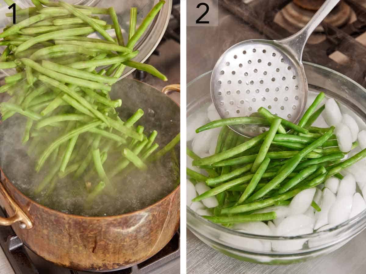 Set of two photos showing green beans added to a pot of water then transferred to a bowl of ice water.