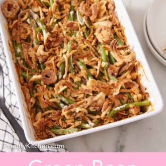 Pinterest graphic of an angled overhead view of a white baking dish containing green bean casserole.