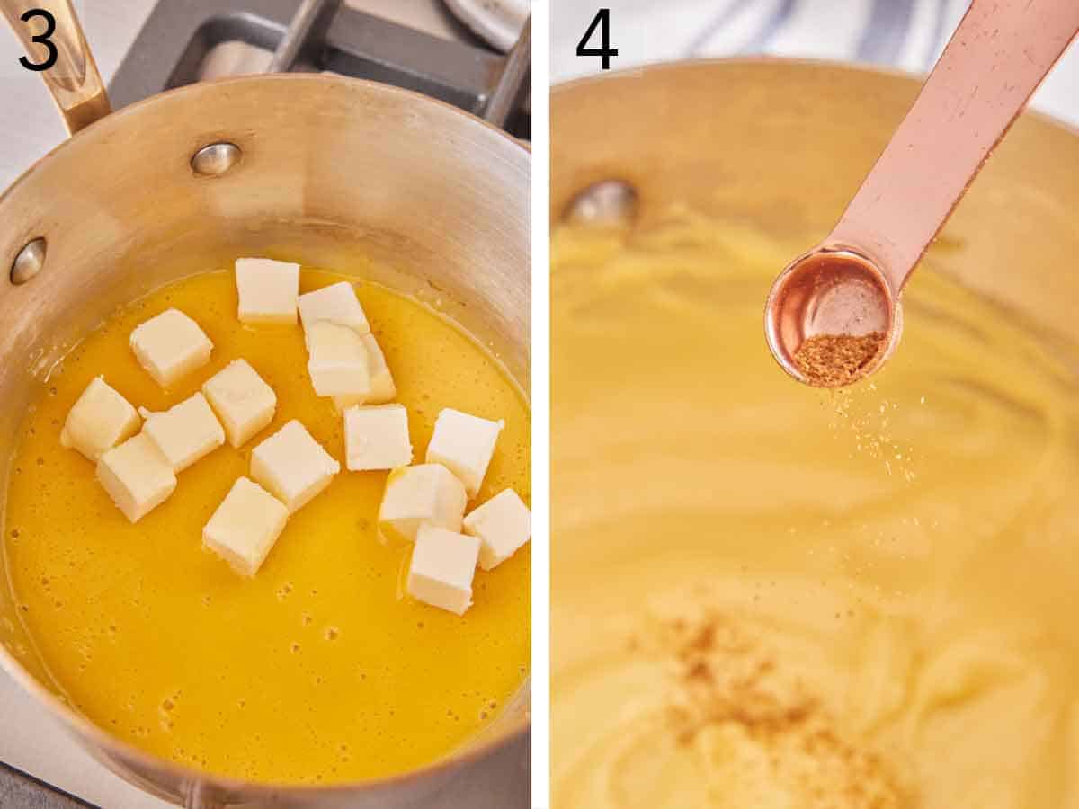 Set of two photos showing cubed butter added to the saucepan and cayenne pepper sprinkled into the pan.