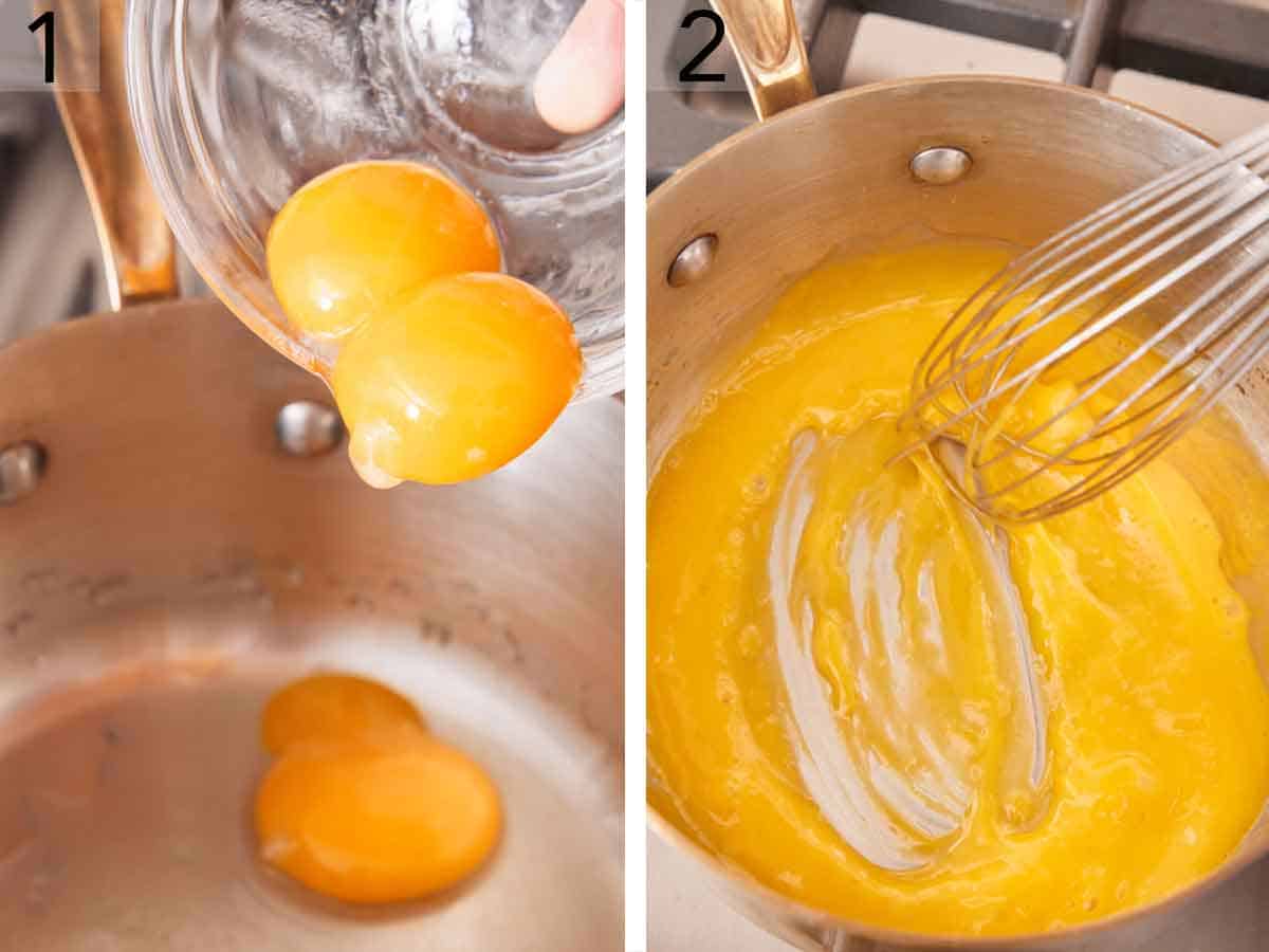 Set of two photos showing egg yolks added to a saucepan and whisked.