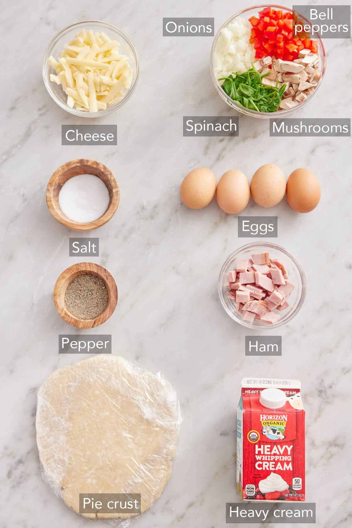 Ingredients needed for making a mini quiche recipe.