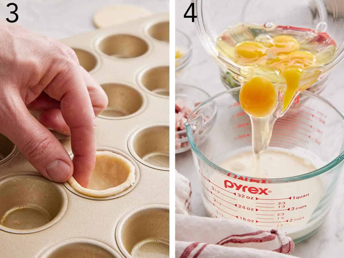 Set of two phots showing pie crust pressed into a mini muffin tin and eggs added to milk.