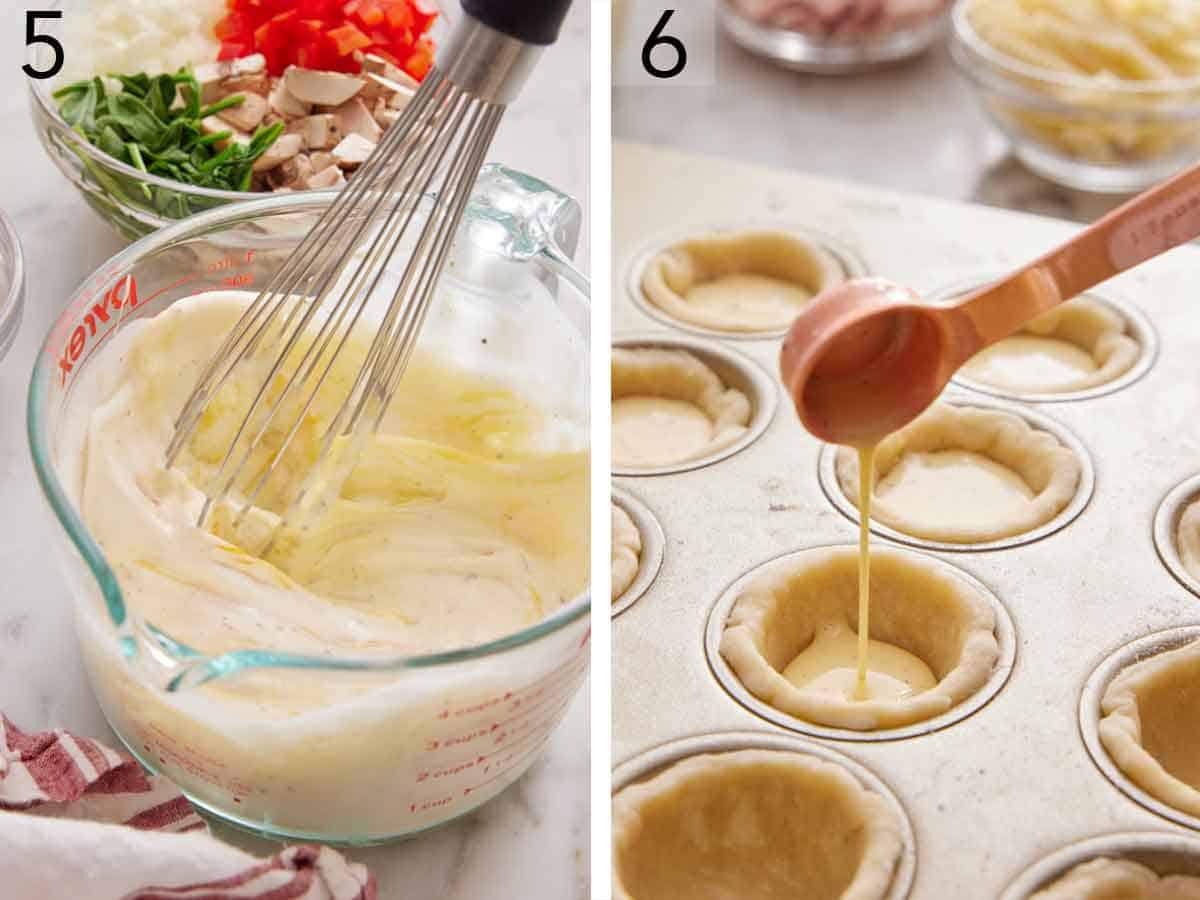Set of two photos showing egg mixture whisked together and spooned into the pie crusts.