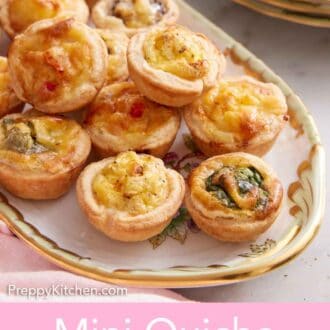 Pinterest graphic of a platter of mini quiche with an assortment of fillings.