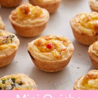 Pinterest graphic of mulitple mini quiches with one in focus in the middle.