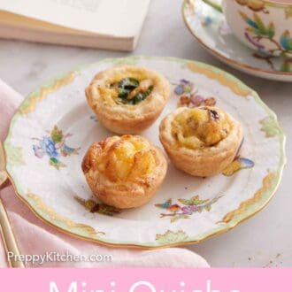 Pinterest graphic of a plate with three mini quiches with a cup of coffee and opened book in the background.