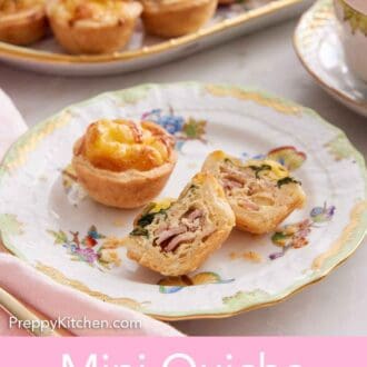 Pinterest graphic of a plate with two mini quiche, one is cut in half, showing the filling inside.