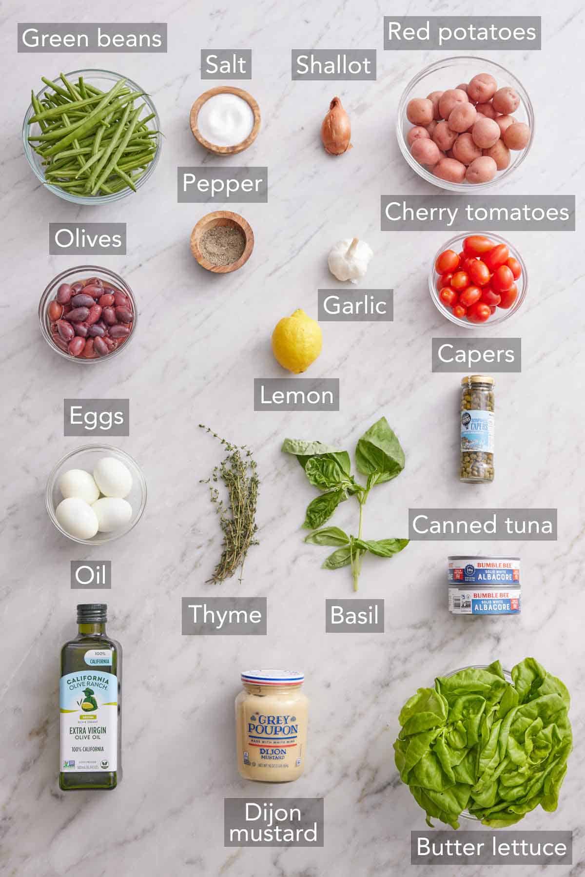 Ingredients needed to make niçoise salad.