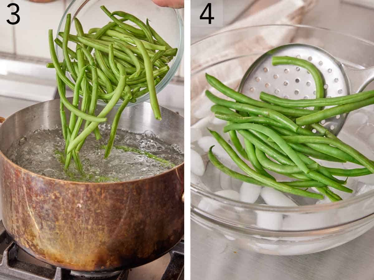 Set of two photos showing green beans added to a pot of boiling water and transferred to ice water.