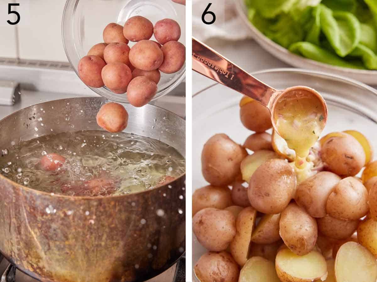 set of two photos showing red potatoes added to a pot of boiling water and then seasoned after draining.
