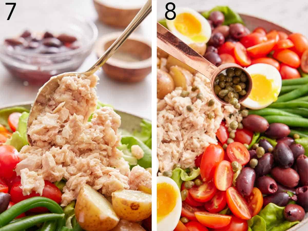 Set of two photos showing tuna and capers added to a platter with the niçoise salad ingredients.