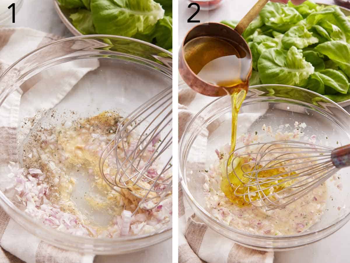 Set of two photos showing shallots, garlic, lemon juice, Dijon, and olive oil whisked together.