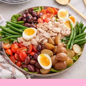 Pinterest graphic of niçoise salad in a platter with serving spoons in the background.
